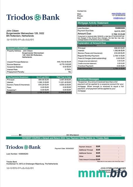 Holandia Triodos Bank wyciąg z kredytu hipotecznego szablon Word i PDF